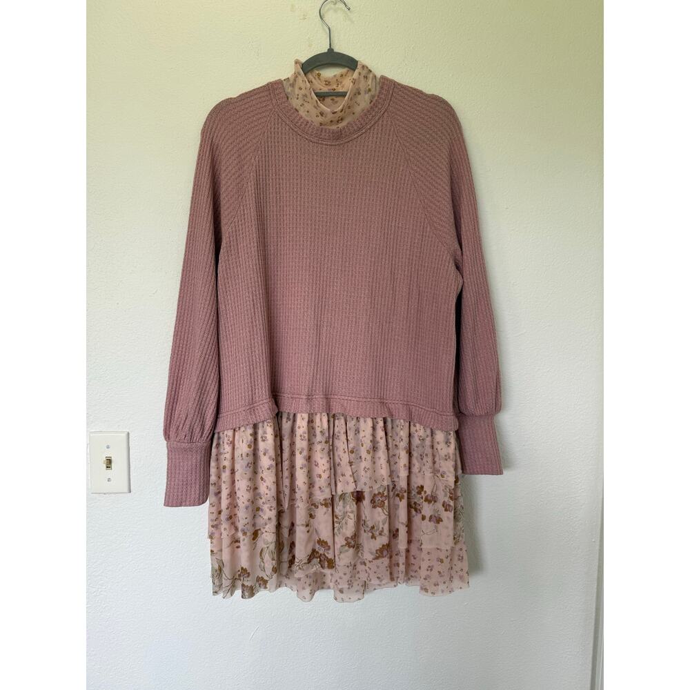 Free People Opposite Attraction Waffle Thermal Ruffle Mini Dress Pink Sz M Boho - Picture 2 of 9